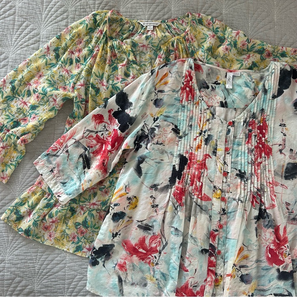 Floral Print Women's Peasant Tops L Flowy Tunic Summer Shirts EUC